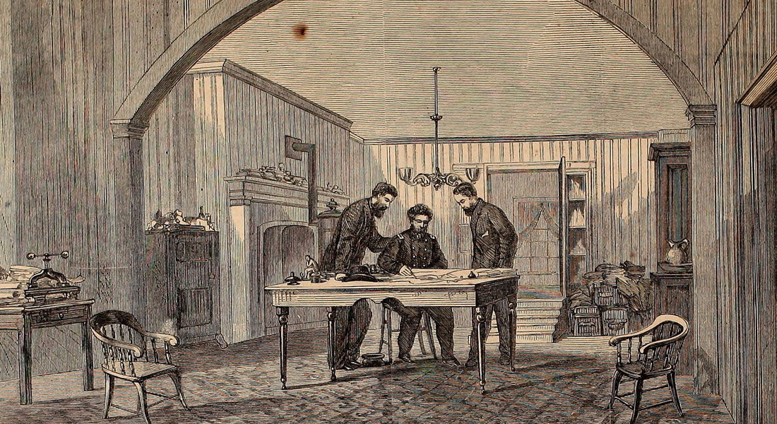 Illustrated photo of three Investigators gathered at a table planning the manhunt for John Wilkes Booth. Link to learn more.