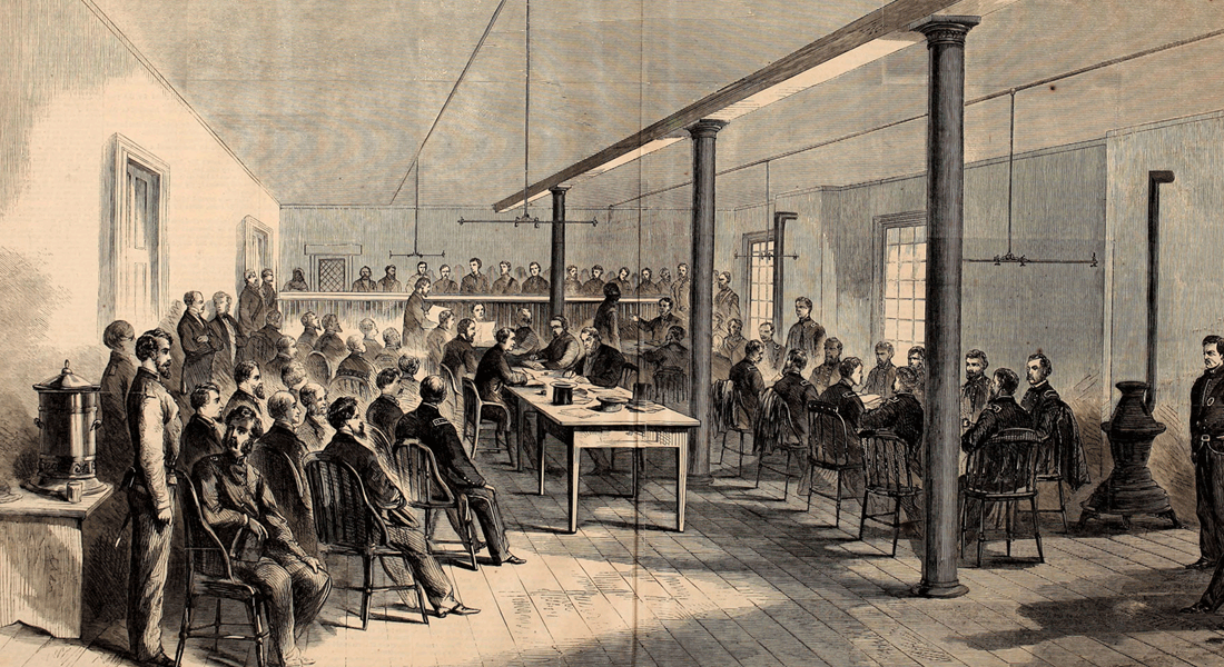 Illustrated images of the courtroom on the third floor of the Old Arsenal Penitentiary in Southwest Washington, D.C.