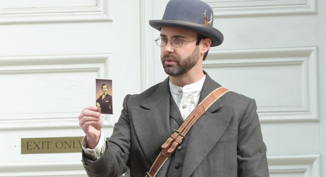 Photo of William Diggle as Detective James McDevitt in the Fords Theatre History on Foot walking tour Investigation: Detective McDevitt. Photo by Gary Erskine. Link to Photos