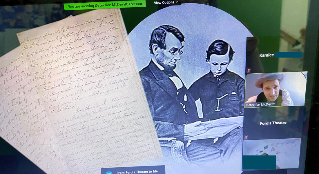 Snapshot of computer screen showing a shared slide of President Lincoln and Tad. Video feed box on the right showing Detective McDevitt, describing Lincoln's last speech.