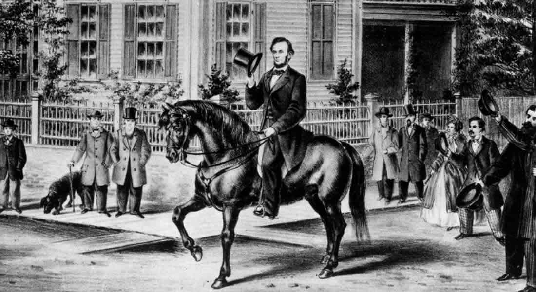 Print showing Lincoln riding on a horse and tipping his hat to the townspeople gathered on the street. Abraham Lincoln''s return home after his successful campaign for the Presidency of the United States, in October, 1860Link to read now.