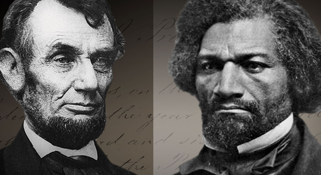 Side by side photo of Abraham Lincoln and Frederick Douglass. Link to Ford's Theatre Current and Upcoming Performances. 