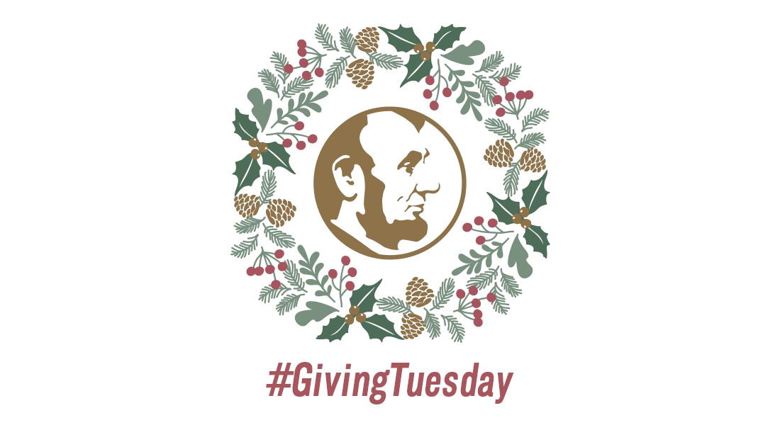 Ford's Theatre logo treatment featuring illustrated profile of President Abraham Lincoln surrounded by a wreath of decorative holiday foliage. Link to give to Lincolns Legacy this #GivingTuesday.