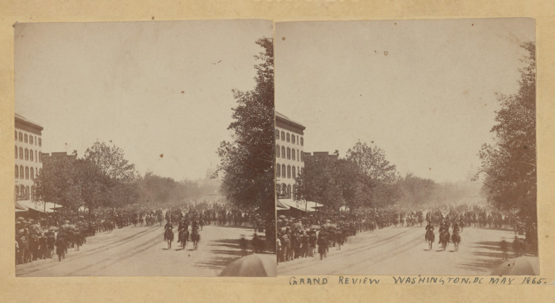 Two stereograph photographs showing the Union Army parading down Pennsylvania Avenue in Washington, D.C., May 23-24, 1865. Spectators crowd both sides of the Avenue as cavalry on horseback and flag bearers lead foot soldiers. The Capitol dome can be seen in the distance behind the soldiers.