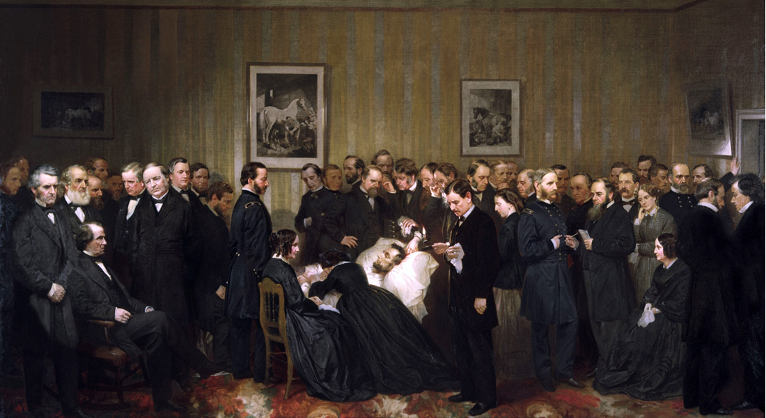 Designed by John B. Bachelder and painted by Alonzo Chappel, this work of art depicts those who visited the dying president throughout the night and early morning of April 14-15, 1865. These people did not visit Lincoln at the same time: they could not have all fit in the small first-floor room of the Petersen House. Lincoln's wife, Mary, is pictured in the center, lying across the president's body. His son Robert stands in the foreground to the right of the bed. Vice President Andrew Johnson is seated at the far left. Link to pdf.