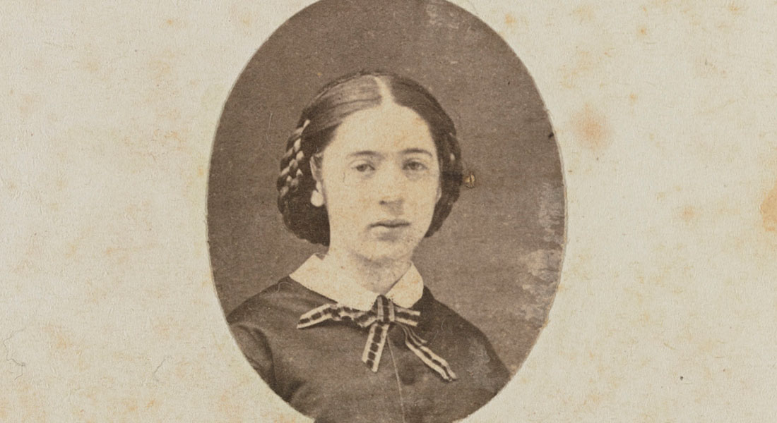 A black-and-white portrait of a young woman. Dated 1865. Link to more information.