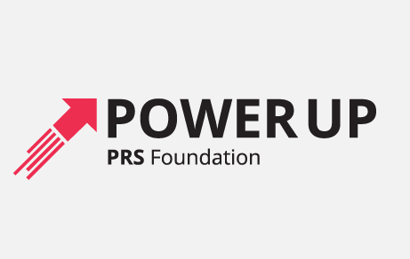 The wording 'Power Up PRS Foundation' is written in black against a light grey background