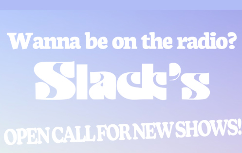 Slack radio logo is written in white against a lilac background