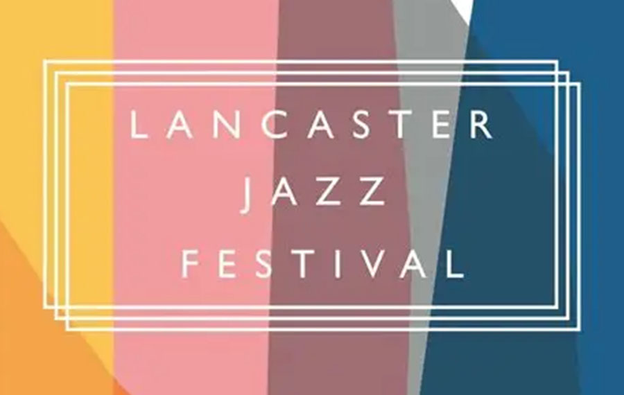 The wording 'Lancaster Jazz Festival' is written in white against a multicoloured background