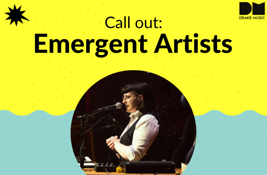 The wording 'Call Out: Emergent Artists' is shown at the top of the image, written in black against a yellow background. Underneath, a young woman with black hair is seen speaking into a microphone
