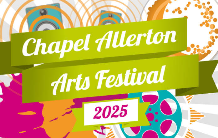 The wording 'Chapel Allerton Arts Festival 2025' is visible on a light green banner in the centre of the image. The wording is coloured white. There is a colourful background with pink and green colour marks, 