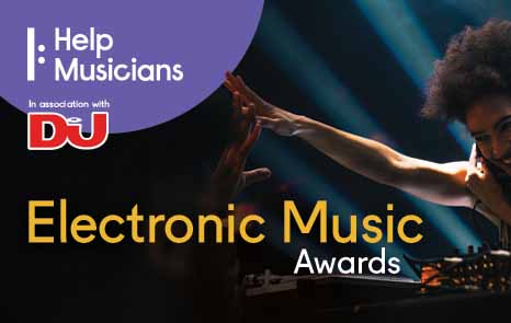 The wording 'Electronic Music Awards' is written in yellow and white against a dark background. A young person is seen to the right of the image at a DJ desk and pointing their finger in the air