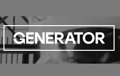 The Generator logo is front and centre. It is written in white against a grey and black background.