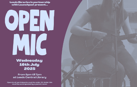 Half of the image shows a young lady in a t-shirt sat down playing acoustic guitar and singing into a microphone. The other half of the image shows the wording 'Open Mic' in a light purple colour.