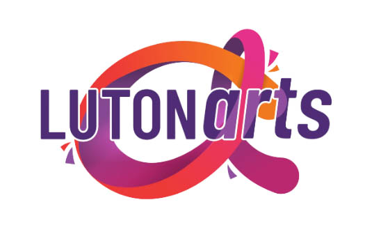 The Luton Arts multicoloured logo is at the centre of the image against a white background
