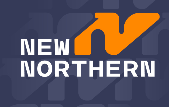 The text 'New Northern' is written in white against a dark purple background. There is a larger letter N next to 'New', which is orange.
