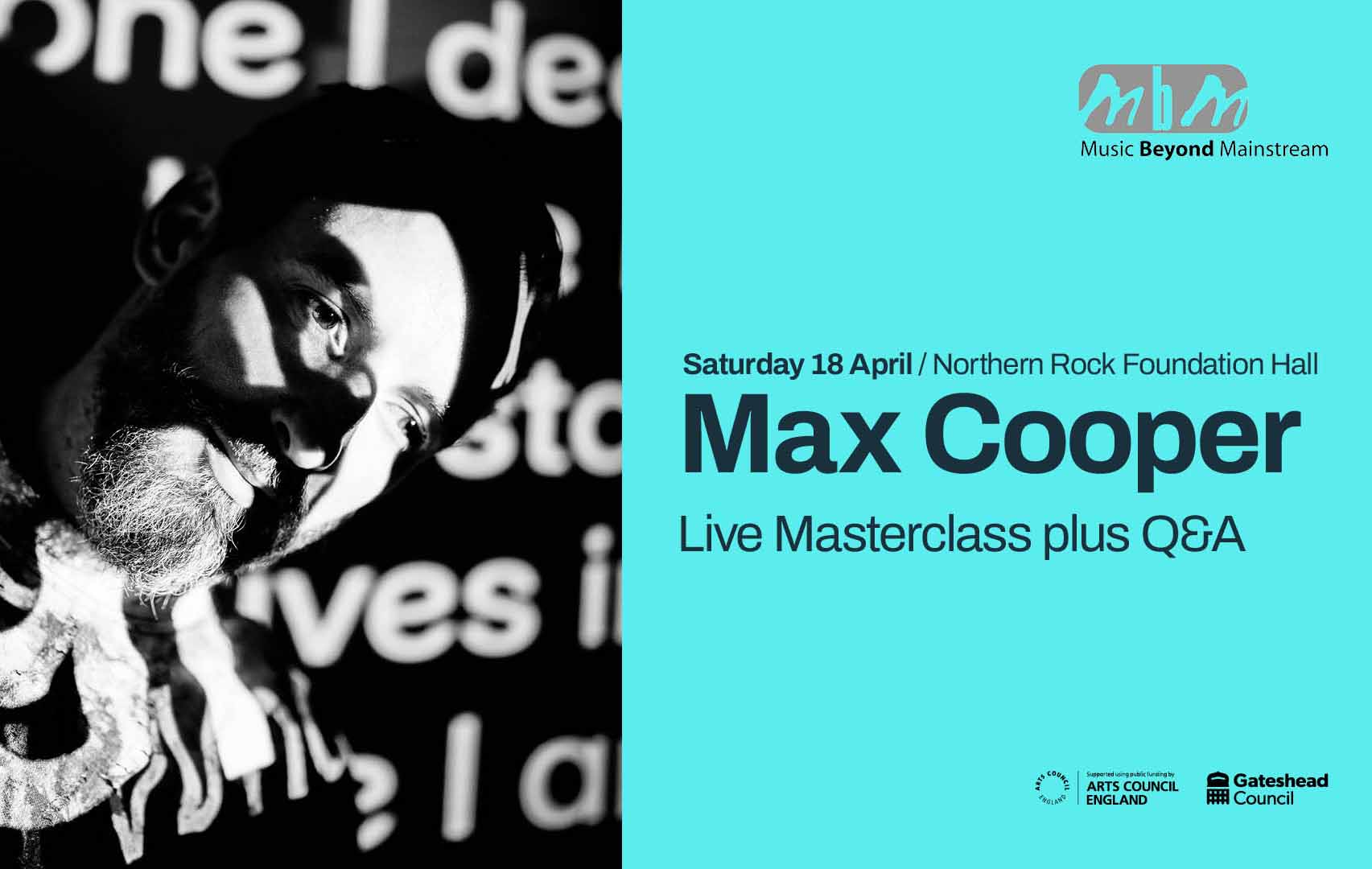 A young man seen with shadows across his face, different words appearing in the background