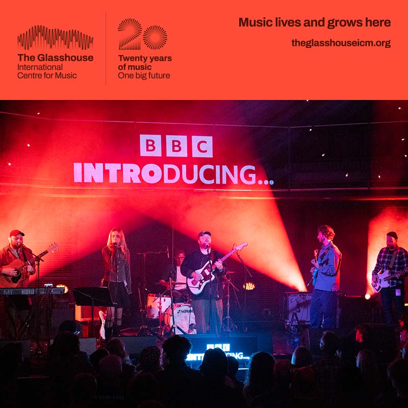 Ernie: a band of six people are performing on stage with red lighting behind them. Three are singing into microphones, two are playing electric guitars, and one is playing drums at the back