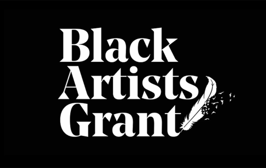 The wording Black Artists Grant is written in white against a black background. A white feather is positioned next to the word Grant 