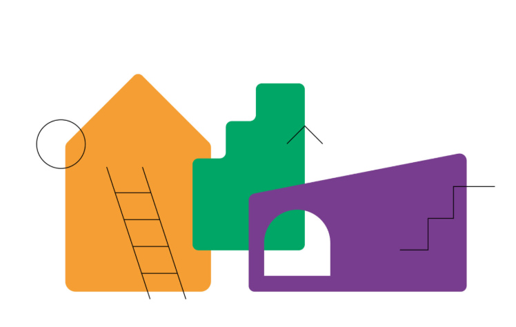 Three shapes in the form of buildings are overlapping each other. They are coloured orange, green and purple and there are ladders in each shape