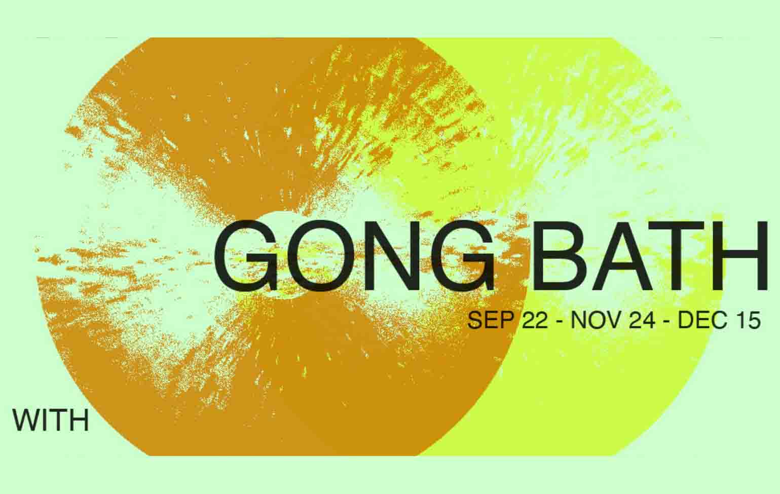 The wording 'Gong Bath' is written in black to the right of the screen, with two gongs behind the letters overlapping, one orange and one yellow