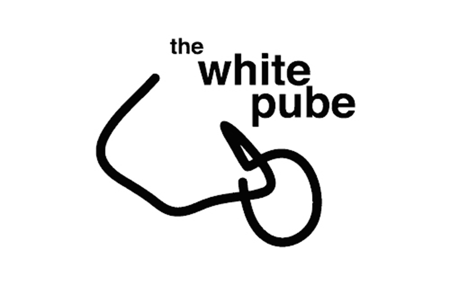 The White Pube letters are written in black against a white background. A squiggled line is seen underneath
