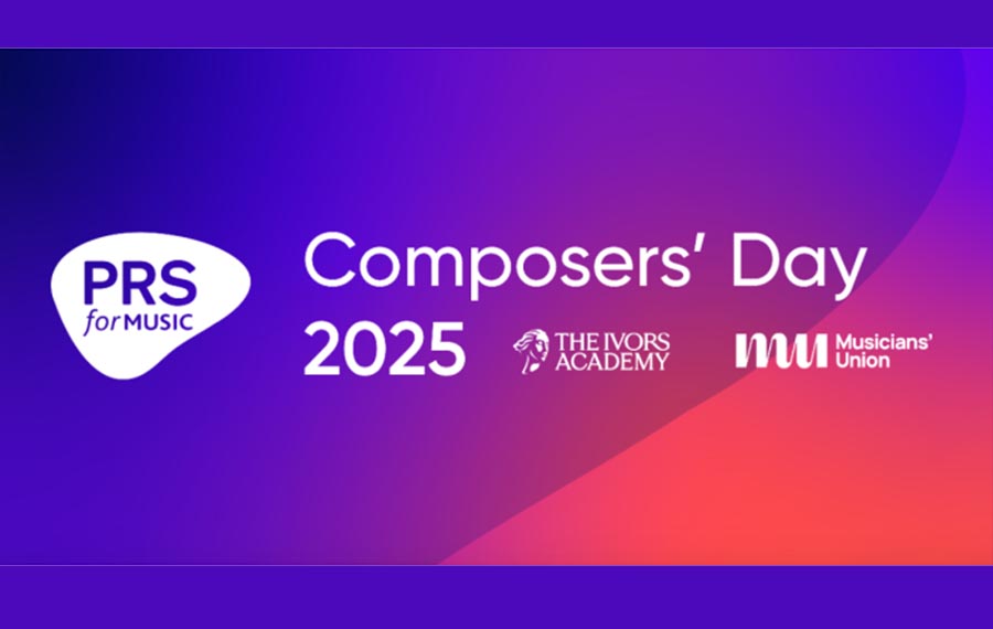 The Composers' Day logo is written in white against a blue and red gradient background. The PRS for Music logo is to the left of it.