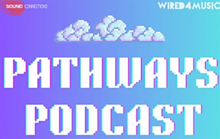 Pathways Podcast is written in white with a video game style font. There are pixelated clouds above the wording and the background is a bubble gum blue and purple gradient