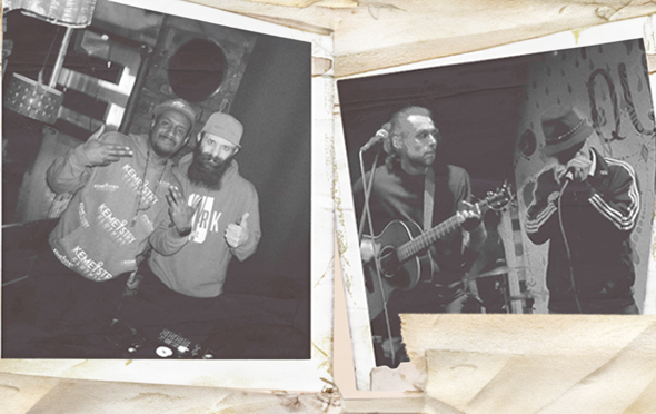 The image shows two polaroid pictures. The first has two young men standing next to each other, looking into the camera and smiling. They are wearing hoodies. The second polaroid shows two men performing on stage. One is playing the acoustic guitar and the other is rapping into a microphone