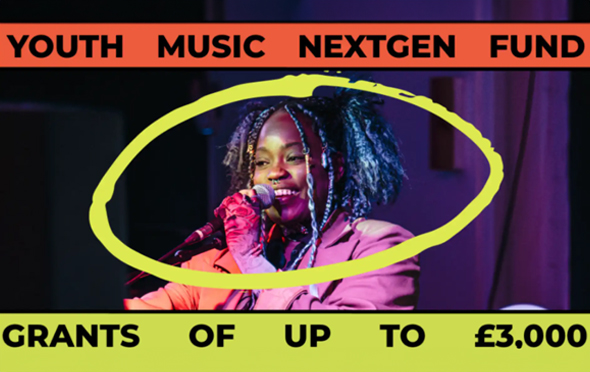 A young woman is at the centre of the image. She is holding a microphone and smiling. She has a pink jacket on and long black hair. The wording 'Youth Music NextGen Fund, Grants of up to £3,000' is located above and below the girl.