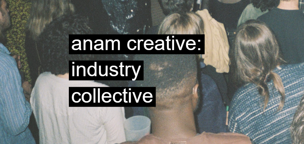 The background of the image features a small crowd of young people facing away from the camera, presumably watching a performance on stage. In the foreground the text reads Anam Creative: Industry Collective.