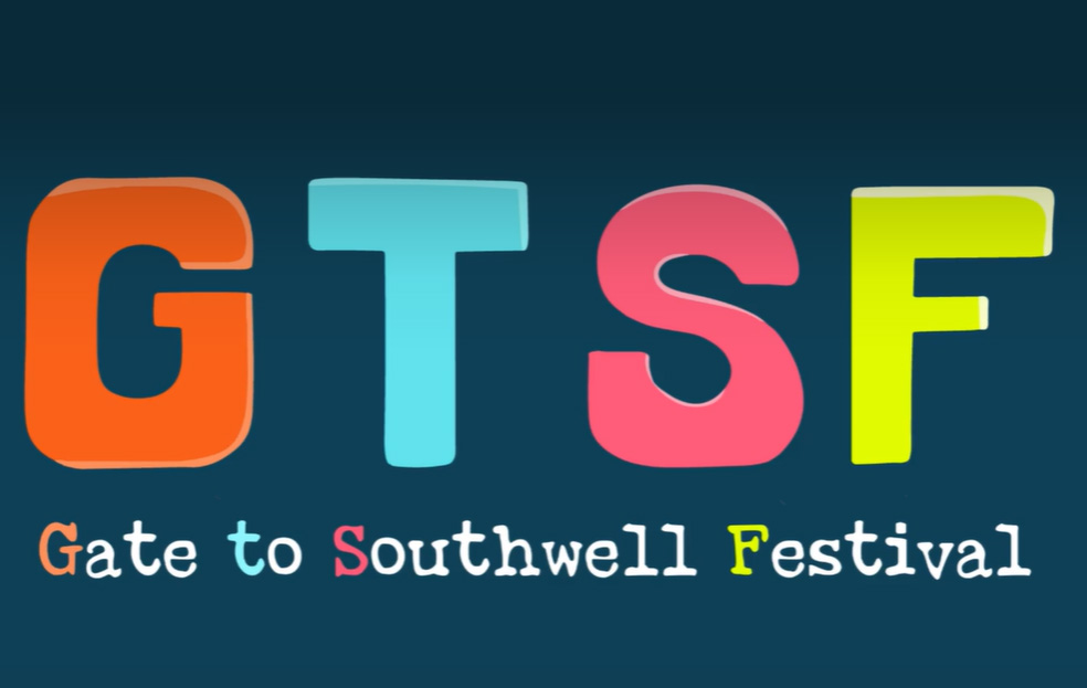 Gate to Southwell Festival logo featuring the colours orange, light blue, pink and yellow.