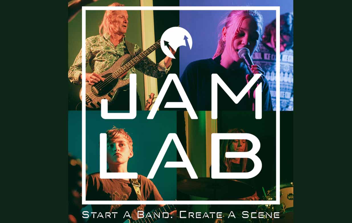 The white Jam Lab logo is seen at the centre of the image. In the background there are four photos of different artists: an older man playing electric guitar, a young woman singing into a microphone, a young boy playing electric guitar, and a young woman sat down playing a drum kit.