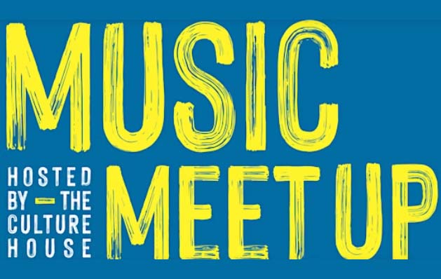 Music Meet Up text displayed in yellow and Hosted by the Culture House text displayed in white against a blue background.