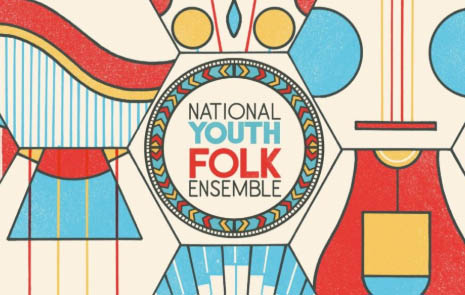 National Youth Folk Ensemble poster featuring an asymmetric design with the colours red, yellow, blue and beige.
