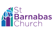 St Barnabas Church logo is written in a dark purple colour. There is a stained glass symbol to the left of the text in the colours dark purple, light blue, dark blue and green