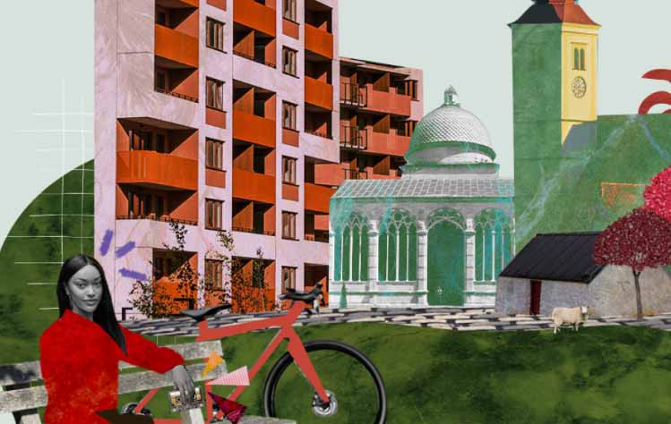 Different cultural buildings are overlayed in a textile fashion. They are all multicoloured