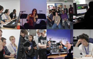 There are multiple pictures showing different people performing. Some are singing into a microphone, others are working on laptops