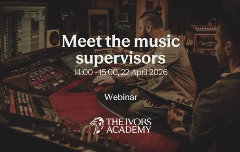 Two people are seen working in a recording studio. Various wording is overlaying the image as it fades into the background