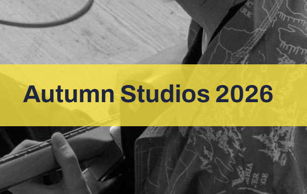 A yellow thick line goes horizontally across an image of a young man playing electric guitar. The words 'Autumn Studios 2026' are written in purple within the yellow line