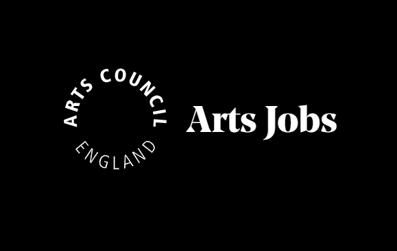 The words 'Arts Jobs' are written in white against a black background. The Arts Council England logo is also positioned next to the text