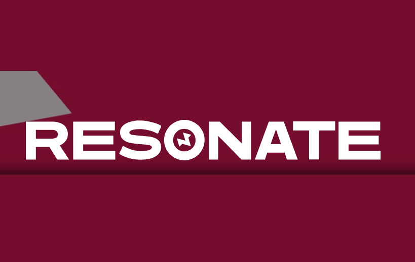 The word 'Resonate' is written in white against a maroon background