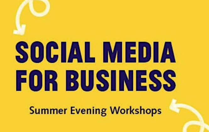 The words 'Social Media for Business: Summer Evening Workshops' are written in navy blue against a yellow background