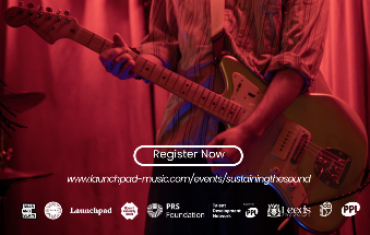 A young person is seen playing an electric guitar and there are lots of logos across the bottom of the image