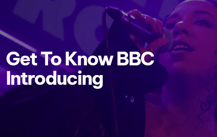 Get to Know BBC Introducing is written in white against a purple background. There is also a young woman singing into a microphone