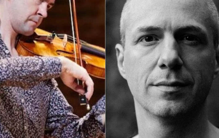 The image is split into two. To the left, a man is playing a violin. To the right, a man is staring straight into the camera
