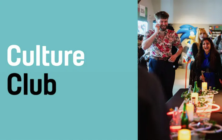 The writing 'Culture Club' is written in white and navy against a light blue background. The image is split and to the right is a group of young people laughing