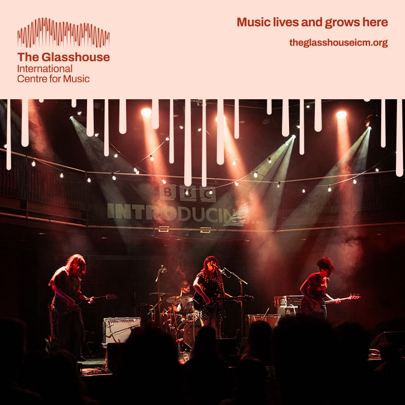 Labyrinthine Oceans: a band of four people are performing on stage with red lighting behind them.