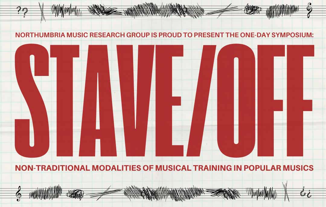 The words 'Stave/Off' are written in large red writing across the image, with a music score above and below the writing