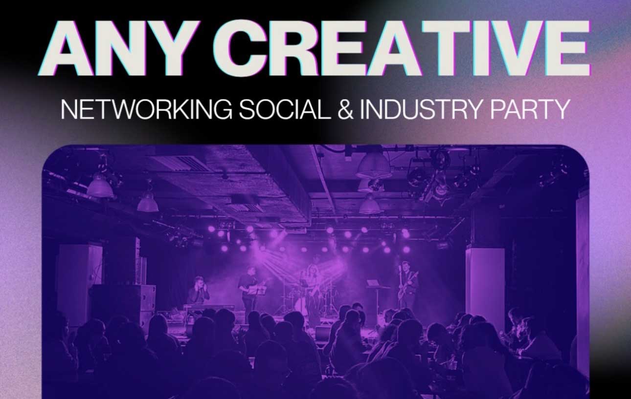 An audience is seen looking at a stage with bright lights and a band on. The wording 'Any Creative Networking Social & Industry Party' is written in white against a purple background